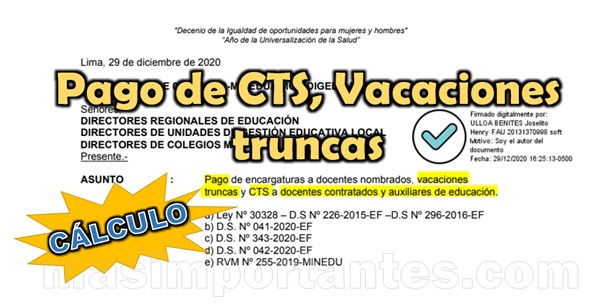 Pago de CTS, vacaciones truncas y encargaturas de Dirección a Docentes Contratados